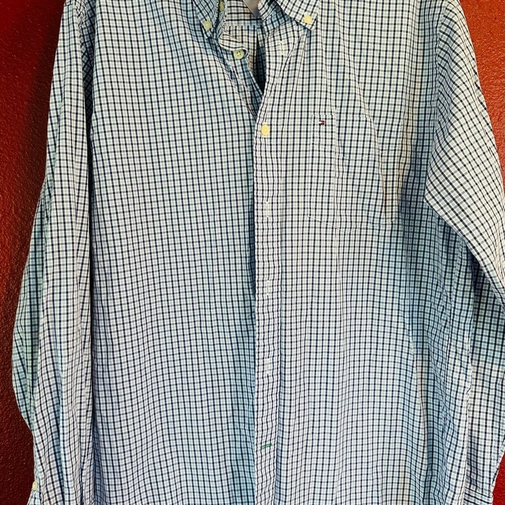 Tommy Hilfiger Men’s Blue Check Button Down Shirt Size Large L Long Sleeve